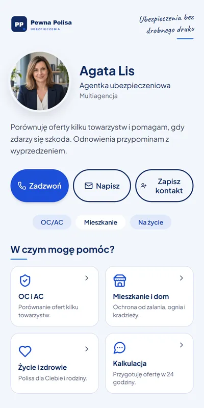 Przykładowa cyfrowa wizytówka: Agent i multiagencja ubezpieczeniowa (dane fikcyjne)