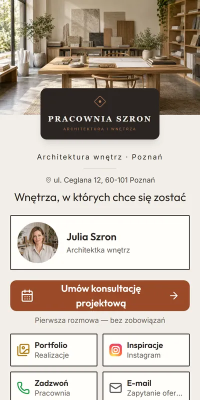Przykładowa cyfrowa wizytówka: Architekt i projektant wnętrz (dane fikcyjne)