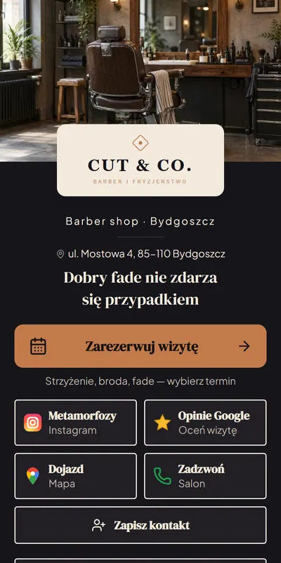 Przykładowa cyfrowa wizytówka: Barber i salon fryzjerski (dane fikcyjne)