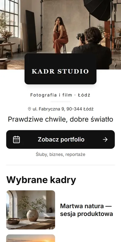Przykładowa cyfrowa wizytówka: Fotograf i filmowiec (dane fikcyjne)