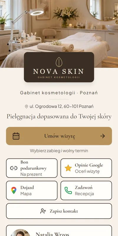 Przykładowa cyfrowa wizytówka: Kosmetolog i gabinet kosmetyczny (dane fikcyjne)