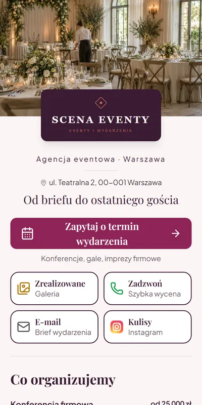Przykładowa cyfrowa wizytówka: Organizator wydarzeń i eventów (dane fikcyjne)