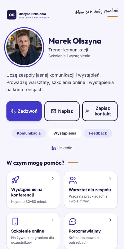 Przykładowa cyfrowa wizytówka: Prelegent, trener biznesu i szkoleniowiec (dane fikcyjne)