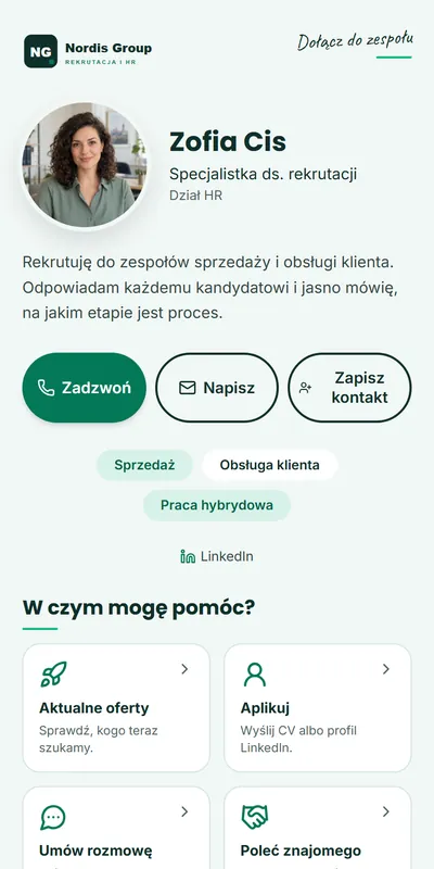 Przykładowa cyfrowa wizytówka: Rekruter, HR i agencja pracy (dane fikcyjne)