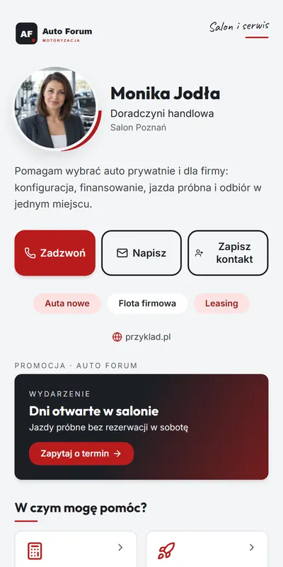 Przykładowa cyfrowa wizytówka: Salon samochodowy i doradca handlowy (dane fikcyjne)