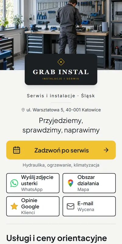 Przykładowa cyfrowa wizytówka: Serwis, instalator i fachowiec (dane fikcyjne)