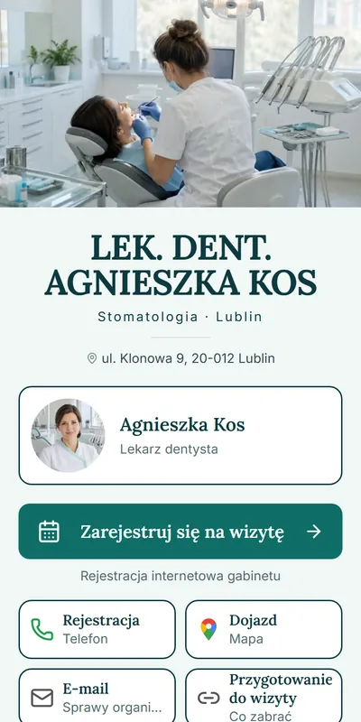 Przykładowa cyfrowa wizytówka: Stomatolog i gabinet stomatologiczny (dane fikcyjne)