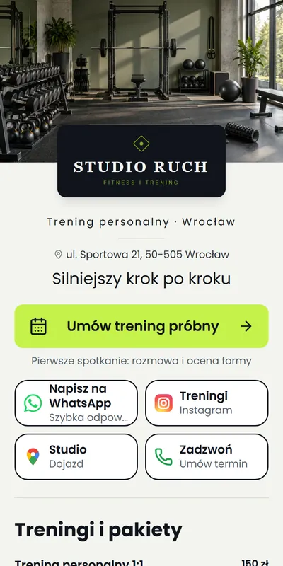 Przykładowa cyfrowa wizytówka: Trener personalny i studio treningowe (dane fikcyjne)