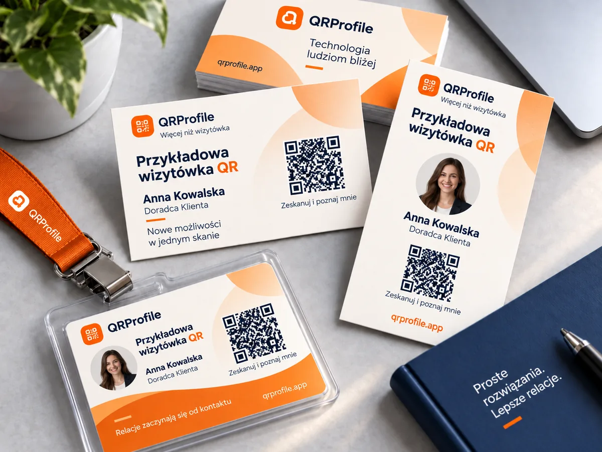 Przykładowe wizytówki QR i identyfikator pracownika na smyczy z kodem QR