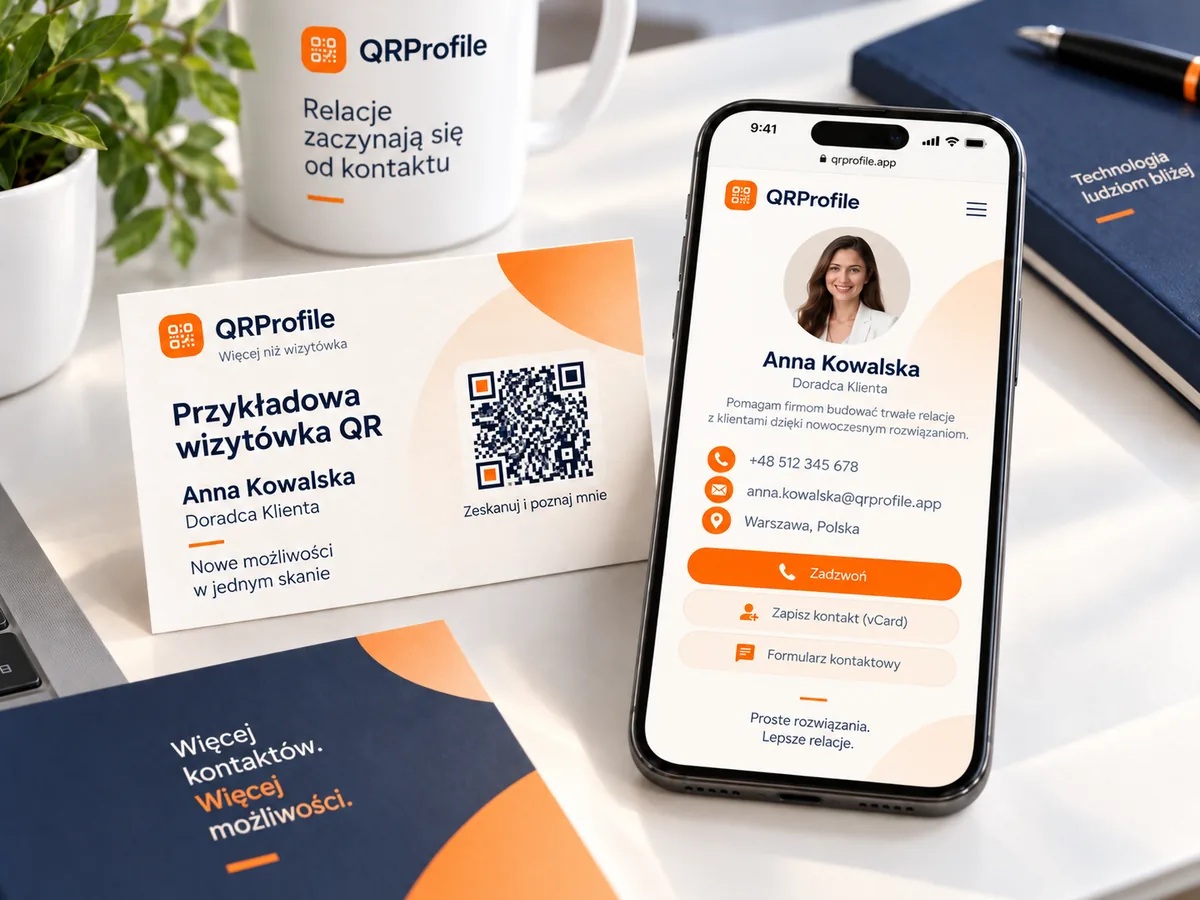 Przykładowa wizytówka QR obok telefonu z cyfrowym profilem doradczyni klienta