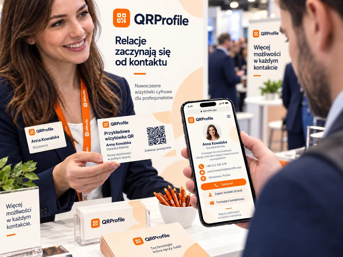 Na stoisku targowym jedna osoba podaje papierową wizytówkę z kodem QR, a rozmówca otwiera ten sam profil w telefonie
